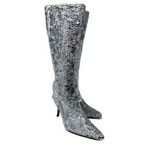 NWOB Colin Stuart Metallic Silver Sequin Pointy Toe Boots Women's Sz 7 Side Zip